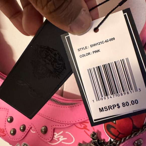 Ed Hardy Hot Pink Skull & Heart Studded Shoulder Bag - Picture 5 of 5